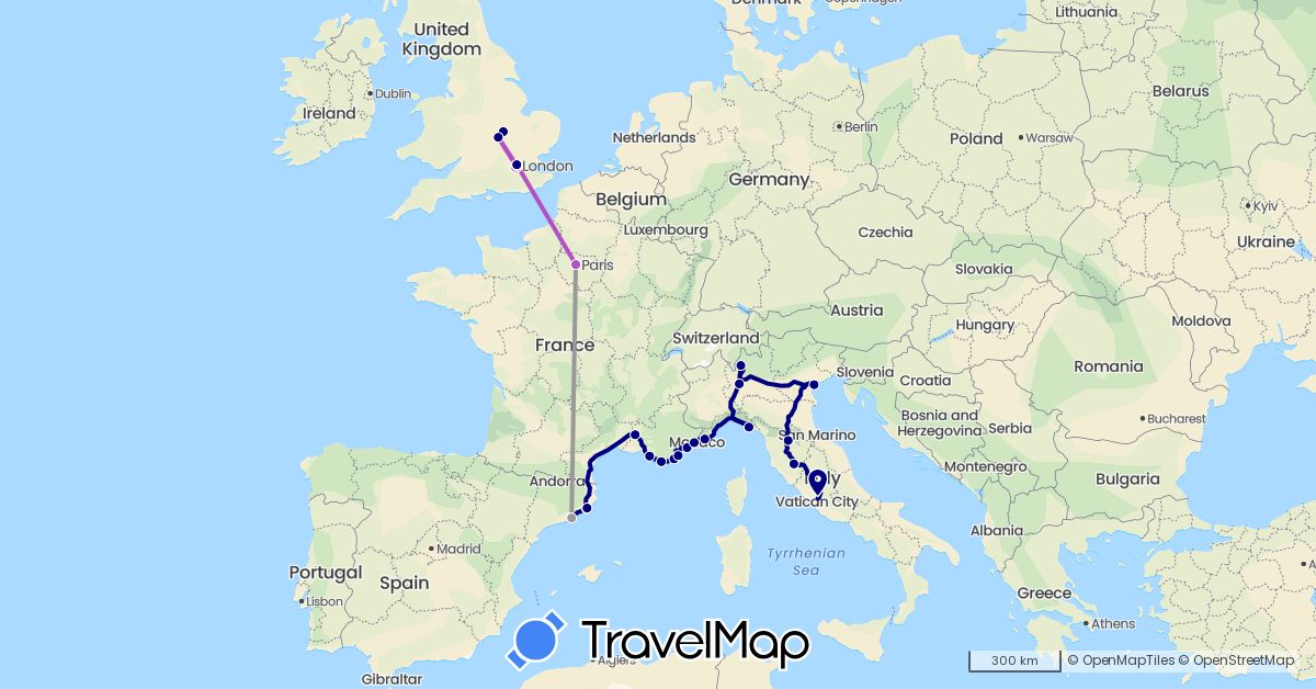 TravelMap itinerary: driving, plane, train in Spain, France, United Kingdom, Italy (Europe)